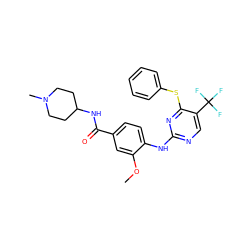 COc1cc(C(=O)NC2CCN(C)CC2)ccc1Nc1ncc(C(F)(F)F)c(Sc2ccccc2)n1 ZINC000148457133