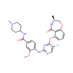 COc1cc(C(=O)NC2CCN(C)CC2)ccc1Nc1ncc(Cl)c(Oc2cccc3c2C(=O)N[C@@H](C)CO3)n1 ZINC000146332313