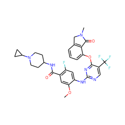 COc1cc(C(=O)NC2CCN(C3CC3)CC2)c(F)cc1Nc1ncc(C(F)(F)F)c(Oc2cccc3c2C(=O)N(C)C3)n1 ZINC000146023426