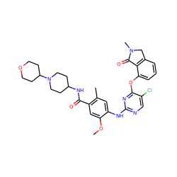 COc1cc(C(=O)NC2CCN(C3CCOCC3)CC2)c(C)cc1Nc1ncc(Cl)c(Oc2cccc3c2C(=O)N(C)C3)n1 ZINC000146046276