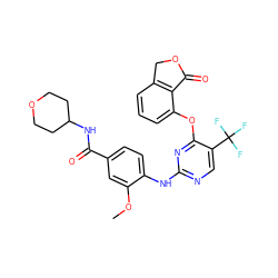 COc1cc(C(=O)NC2CCOCC2)ccc1Nc1ncc(C(F)(F)F)c(Oc2cccc3c2C(=O)OC3)n1 ZINC000145967341