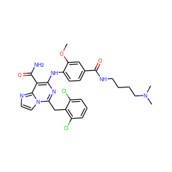 COc1cc(C(=O)NCCCCN(C)C)ccc1Nc1nc(Cc2c(Cl)cccc2Cl)n2ccnc2c1C(N)=O ZINC000205219863