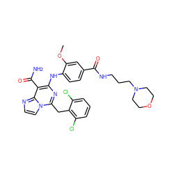 COc1cc(C(=O)NCCCN2CCOCC2)ccc1Nc1nc(Cc2c(Cl)cccc2Cl)n2ccnc2c1C(N)=O ZINC000200855921