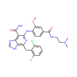 COc1cc(C(=O)NCCN(C)C)ccc1Nc1nc(Cc2c(Cl)cccc2Cl)c2[nH]cnc2c1C(N)=O ZINC000200851932