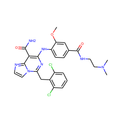 COc1cc(C(=O)NCCN(C)C)ccc1Nc1nc(Cc2c(Cl)cccc2Cl)n2ccnc2c1C(N)=O ZINC000200838982