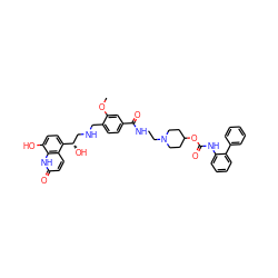 COc1cc(C(=O)NCCN2CCC(OC(=O)Nc3ccccc3-c3ccccc3)CC2)ccc1CNC[C@H](O)c1ccc(O)c2[nH]c(=O)ccc12 ZINC000299862840