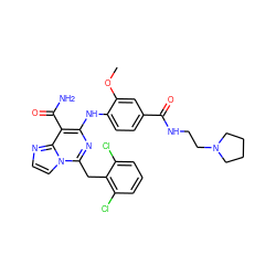 COc1cc(C(=O)NCCN2CCCC2)ccc1Nc1nc(Cc2c(Cl)cccc2Cl)n2ccnc2c1C(N)=O ZINC000200851976