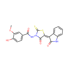 COc1cc(C(=O)NN2C(=O)/C(=C3\C(=O)Nc4ccccc43)SC2=S)ccc1O ZINC000001776024