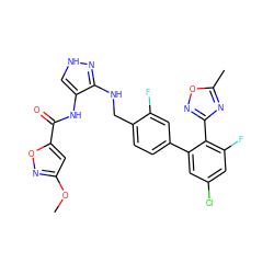 COc1cc(C(=O)Nc2c[nH]nc2NCc2ccc(-c3cc(Cl)cc(F)c3-c3noc(C)n3)cc2F)on1 ZINC000049767426