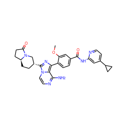 COc1cc(C(=O)Nc2cc(C3CC3)ccn2)ccc1-c1nc([C@@H]2CC[C@H]3CCC(=O)N3C2)n2ccnc(N)c12 ZINC000145604952