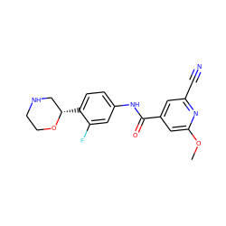 COc1cc(C(=O)Nc2ccc([C@H]3CNCCO3)c(F)c2)cc(C#N)n1 ZINC000149995013