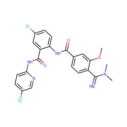 COc1cc(C(=O)Nc2ccc(Cl)cc2C(=O)Nc2ccc(Cl)cn2)ccc1C(=N)N(C)C ZINC000040893690