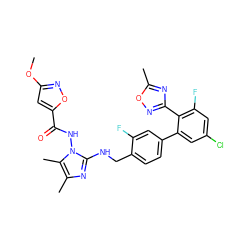 COc1cc(C(=O)Nn2c(NCc3ccc(-c4cc(Cl)cc(F)c4-c4noc(C)n4)cc3F)nc(C)c2C)on1 ZINC000049757404