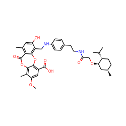 COc1cc(C(=O)O)c2c(c1C)OC(=O)c1c(C)cc(O)c(CNc3ccc(CCNC(=O)CO[C@@H]4C[C@H](C)CC[C@H]4C(C)C)cc3)c1O2 ZINC000026989242