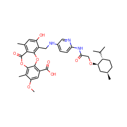 COc1cc(C(=O)O)c2c(c1C)OC(=O)c1c(C)cc(O)c(CNc3ccc(NC(=O)CO[C@@H]4C[C@H](C)CC[C@H]4C(C)C)nc3)c1O2 ZINC000026982943