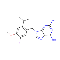 COc1cc(C(C)C)c(Cn2cnc3c(N)nc(N)nc32)cc1I ZINC000096272714