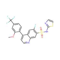 COc1cc(C(F)(F)F)ccc1-c1ccnc2cc(S(=O)(=O)Nc3nccs3)c(F)cc12 ZINC000225070910