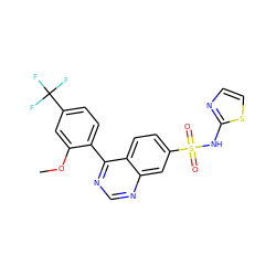 COc1cc(C(F)(F)F)ccc1-c1ncnc2cc(S(=O)(=O)Nc3nccs3)ccc12 ZINC000215506620