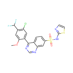 COc1cc(C(F)F)c(Cl)cc1-c1ncnc2cc(S(=O)(=O)Nc3nccs3)ccc12 ZINC000225051350