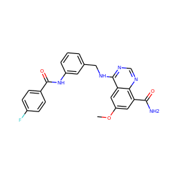 COc1cc(C(N)=O)c2ncnc(NCc3cccc(NC(=O)c4ccc(F)cc4)c3)c2c1 ZINC000114345070