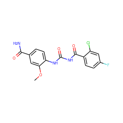 COc1cc(C(N)=O)ccc1NC(=O)NC(=O)c1ccc(F)cc1Cl ZINC000013673949