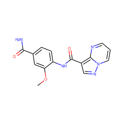 COc1cc(C(N)=O)ccc1NC(=O)c1cnn2cccnc12 ZINC000113652964
