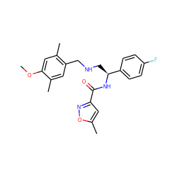 COc1cc(C)c(CNC[C@H](NC(=O)c2cc(C)on2)c2ccc(F)cc2)cc1C ZINC000653856208