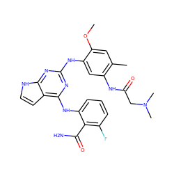 COc1cc(C)c(NC(=O)CN(C)C)cc1Nc1nc(Nc2cccc(F)c2C(N)=O)c2cc[nH]c2n1 ZINC000040878977