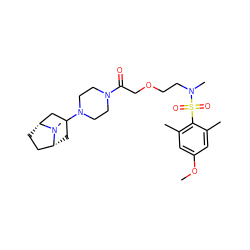 COc1cc(C)c(S(=O)(=O)N(C)CCOCC(=O)N2CCN(C3C[C@@H]4CC[C@H](C3)N4C)CC2)c(C)c1 ZINC000084704914