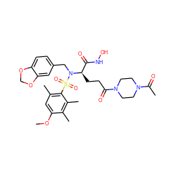 COc1cc(C)c(S(=O)(=O)N(Cc2ccc3c(c2)OCO3)[C@H](CCC(=O)N2CCN(C(C)=O)CC2)C(=O)NO)c(C)c1C ZINC000026404523