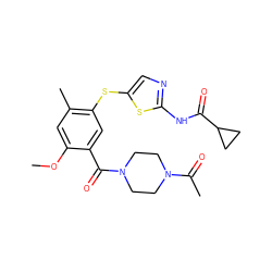 COc1cc(C)c(Sc2cnc(NC(=O)C3CC3)s2)cc1C(=O)N1CCN(C(C)=O)CC1 ZINC000036184883