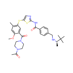 COc1cc(C)c(Sc2cnc(NC(=O)c3ccc(CN[C@H](C)C(C)(C)C)cc3)s2)cc1C(=O)N1CCN(C(C)=O)CC1 ZINC000003962966