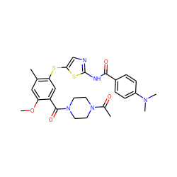 COc1cc(C)c(Sc2cnc(NC(=O)c3ccc(N(C)C)cc3)s2)cc1C(=O)N1CCN(C(C)=O)CC1 ZINC000003918517