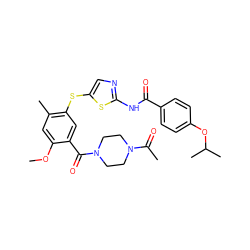 COc1cc(C)c(Sc2cnc(NC(=O)c3ccc(OC(C)C)cc3)s2)cc1C(=O)N1CCN(C(C)=O)CC1 ZINC000036184887