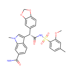 COc1cc(C)ccc1S(=O)(=O)NC(=O)[C@@H](c1ccc2c(c1)OCO2)c1cn(C)c2cc(C(N)=O)ccc12 ZINC000028258130