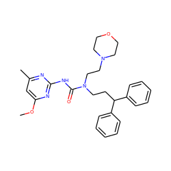 COc1cc(C)nc(NC(=O)N(CCC(c2ccccc2)c2ccccc2)CCN2CCOCC2)n1 ZINC000096258238