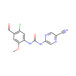 COc1cc(C=O)c(Cl)cc1NC(=O)Nc1cnc(C#N)cn1 ZINC000014956146