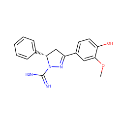 COc1cc(C2=NN(C(=N)N)[C@H](c3ccccc3)C2)ccc1O ZINC000653740498