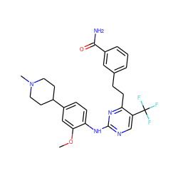 COc1cc(C2CCN(C)CC2)ccc1Nc1ncc(C(F)(F)F)c(CCc2cccc(C(N)=O)c2)n1 ZINC000201538610