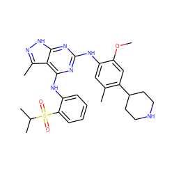 COc1cc(C2CCNCC2)c(C)cc1Nc1nc(Nc2ccccc2S(=O)(=O)C(C)C)c2c(C)n[nH]c2n1 ZINC000096177922