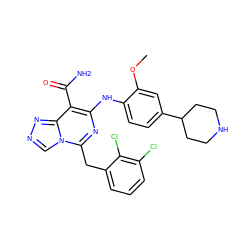 COc1cc(C2CCNCC2)ccc1Nc1nc(Cc2cccc(Cl)c2Cl)n2cnnc2c1C(N)=O ZINC000200877363