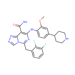 COc1cc(C2CCNCC2)ccc1Nc1nc(Cc2cccc(F)c2F)n2cnnc2c1C(N)=O ZINC000200877440