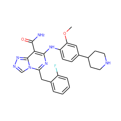 COc1cc(C2CCNCC2)ccc1Nc1nc(Cc2ccccc2F)n2cnnc2c1C(N)=O ZINC000200877407