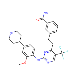 COc1cc(C2CCNCC2)ccc1Nc1ncc(C(F)(F)F)c(CCc2cccc(C(N)=O)c2)n1 ZINC000147932034