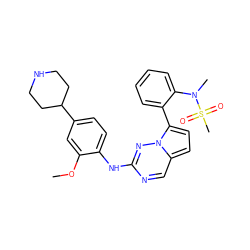 COc1cc(C2CCNCC2)ccc1Nc1ncc2ccc(-c3ccccc3N(C)S(C)(=O)=O)n2n1 ZINC000095577301