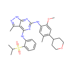 COc1cc(C2CCOCC2)c(C)cc1Nc1nc(Nc2ccccc2S(=O)(=O)C(C)C)c2c(C)n[nH]c2n1 ZINC000096177935