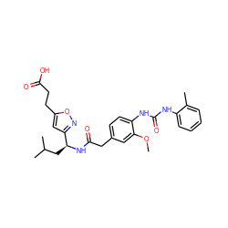 COc1cc(CC(=O)N[C@@H](CC(C)C)c2cc(CCC(=O)O)on2)ccc1NC(=O)Nc1ccccc1C ZINC000003964410