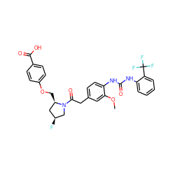 COc1cc(CC(=O)N2C[C@@H](F)C[C@H]2COc2ccc(C(=O)O)cc2)ccc1NC(=O)Nc1ccccc1C(F)(F)F ZINC000014966020