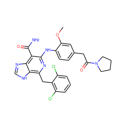 COc1cc(CC(=O)N2CCCC2)ccc1Nc1nc(Cc2c(Cl)cccc2Cl)c2[nH]cnc2c1C(N)=O ZINC000200851886