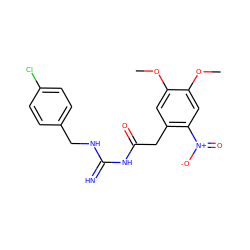 COc1cc(CC(=O)NC(=N)NCc2ccc(Cl)cc2)c([N+](=O)[O-])cc1OC ZINC000299834409